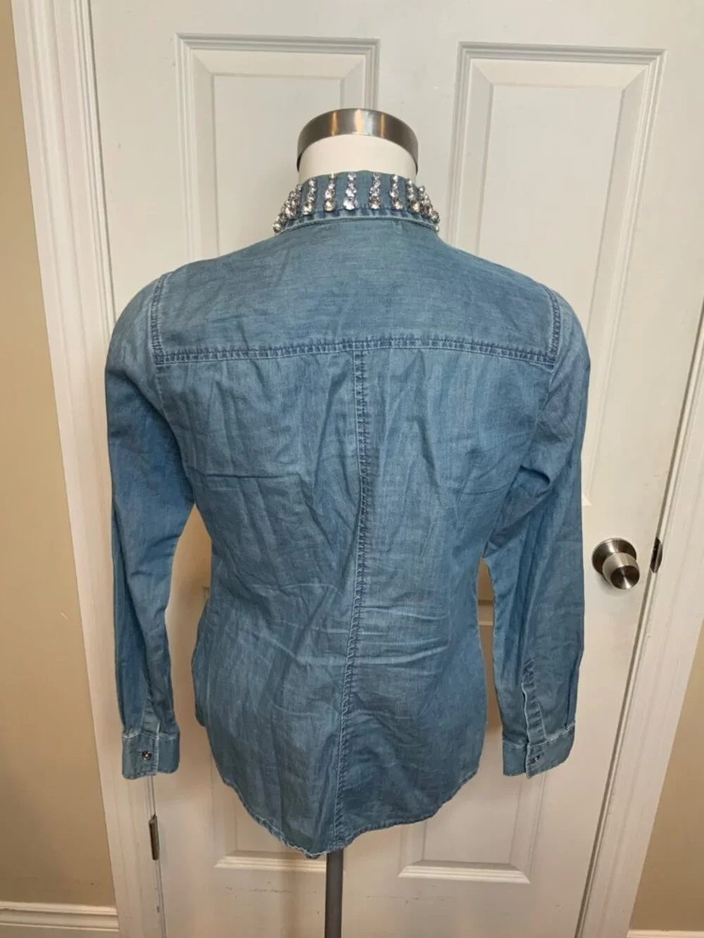 Michael Kors Blue Chambray Denim Button-Up Jewel Collar Shirt, Size XS